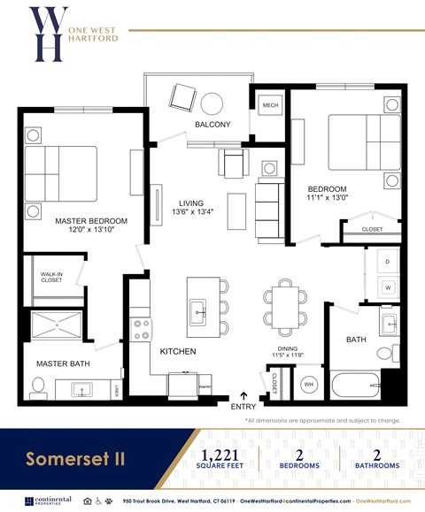Floor plan for 2 beds, 2 baths, 1221 sqft